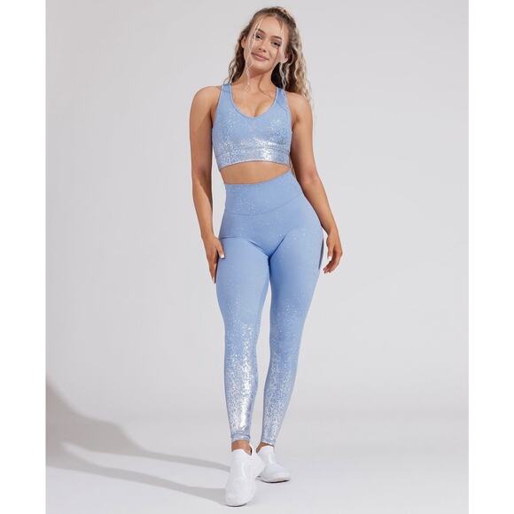 Buffbunny Leggings Sports Bra Set Medium Blue Dazzle Rainwater Silver Shimmer - Picture 1 of 9